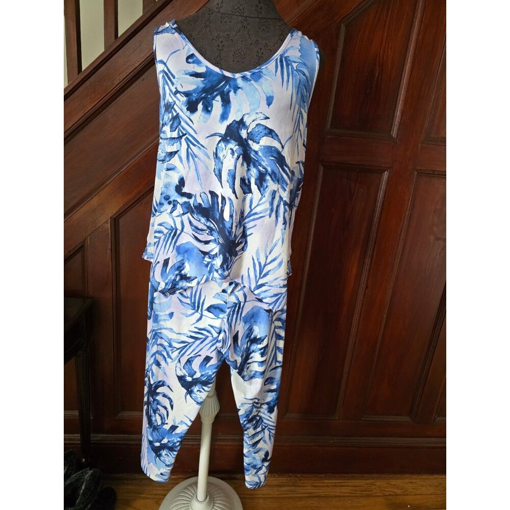 Linea Donatella Blue Tropical Palm Leaf Print Two Piece Pajama Set NWT M